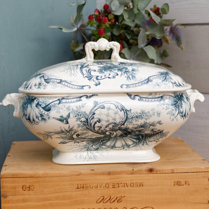 HIPPOLYTE Style HB & Cie Boulenger French Antique Ironstone Blue Transferware Vegetable Dish Légumière  Terre de Fer