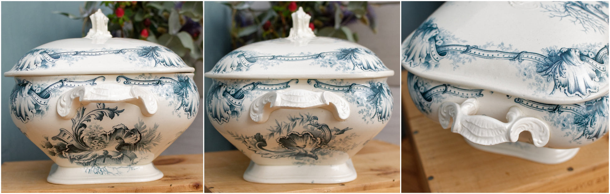 HIPPOLYTE Style HB & Cie Boulenger French Antique Ironstone Blue Transferware Vegetable Dish Légumière Terre de Fer