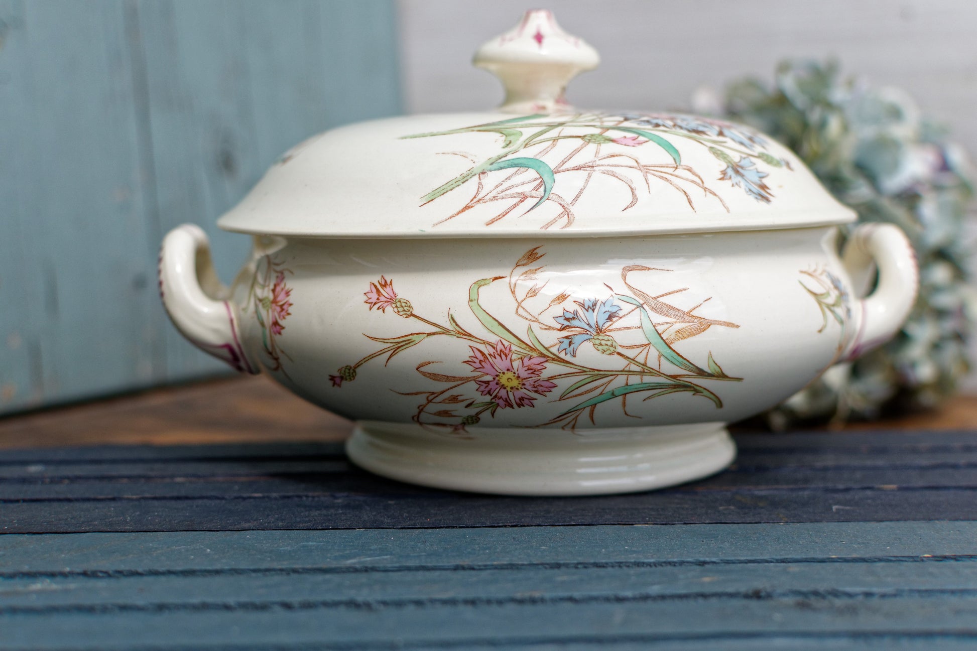 French Antique Ironstone Soup Tureen w/ Serving Plate BLEUET Motif K&G (Keller et Guérin) Lunéville Terre de Fer