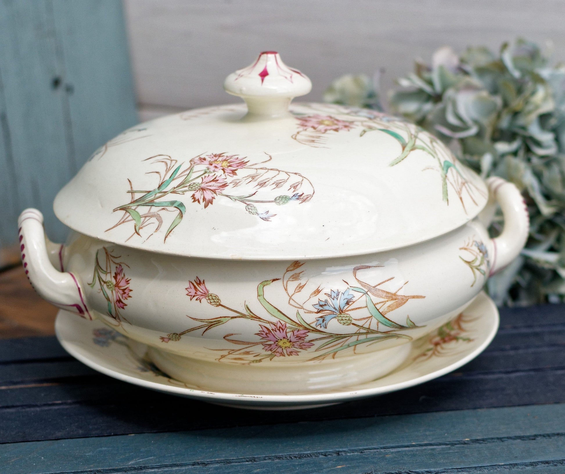 French Antique Ironstone Soup Tureen w/ Serving Plate BLEUET Motif K&G (Keller et Guérin) Lunéville Terre de Fer