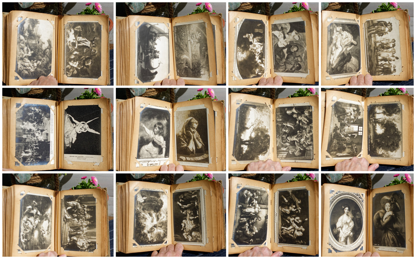 1900s French Antique Collectible "Carte Postale" Album Collection of Black & White Union Postale Universelles JK Post Cartes  Works of Famous Artists