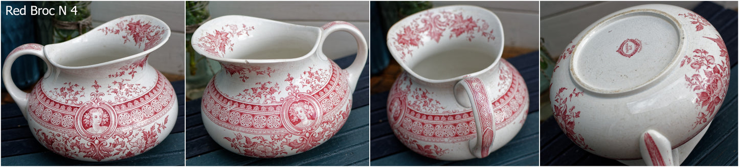 PARISA Sarreguemines U&C French Antique Collectible Ironstone Red Transferware Bathroom Set Pitcher BROC & Basin CUVETTE Terre de fer