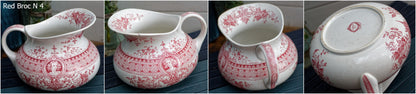 PARISA Sarreguemines U&C French Antique Collectible Ironstone Red Transferware Bathroom Set Pitcher BROC & Basin CUVETTE Terre de fer