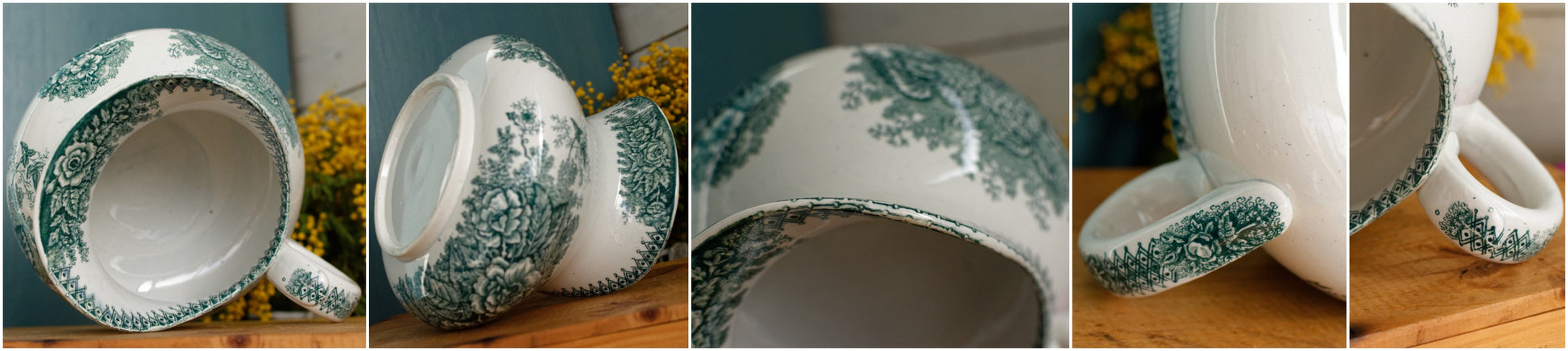 French Antique Collectible Ironstone Teal Transferware Bathroom Pitcher Broc de Toilette Matching Soap Dish Terre de fer en Faience