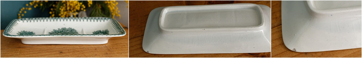 French Antique Collectible Ironstone Teal Transferware Bathroom Pitcher Broc de Toilette Matching Soap Dish Terre de fer en Faience