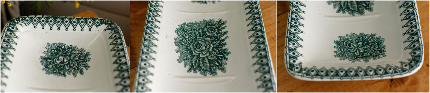 French Antique Collectible Ironstone Teal Transferware Bathroom Pitcher Broc de Toilette Matching Soap Dish Terre de fer en Faience