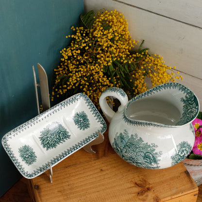 French Antique Collectible Ironstone Teal Transferware Bathroom Pitcher Broc de Toilette Matching Soap Dish Terre de fer en Faience