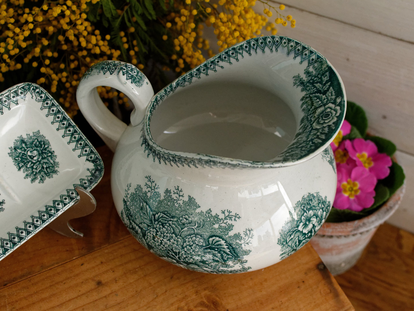 French Antique Collectible Ironstone Teal Transferware Bathroom Pitcher Broc de Toilette Matching Soap Dish Terre de fer en Faience