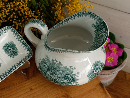 French Antique Collectible Ironstone Teal Transferware Bathroom Pitcher Broc de Toilette Matching Soap Dish Terre de fer en Faience
