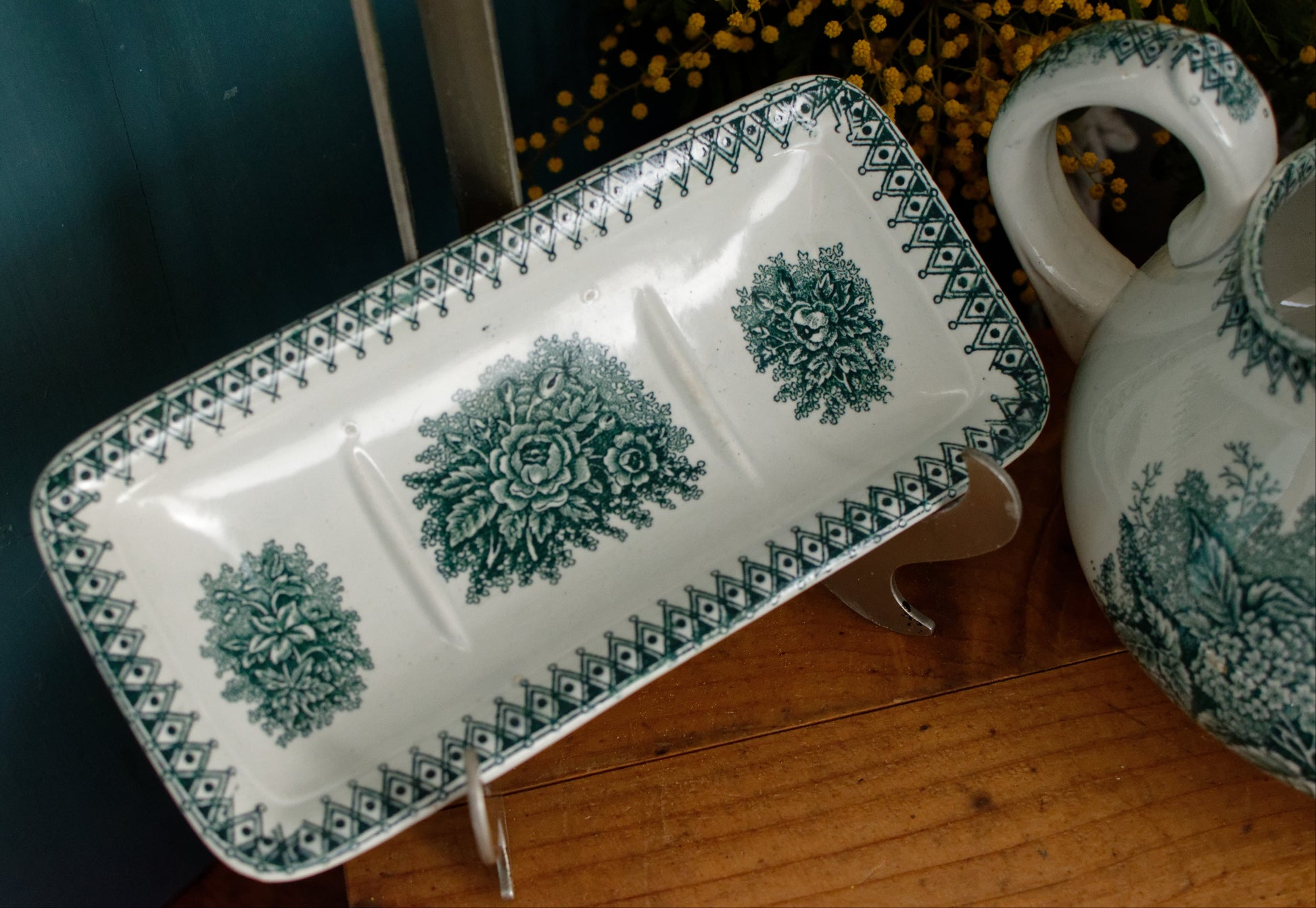 French Antique Collectible Ironstone Teal Transferware Bathroom Pitcher Broc de Toilette Matching Soap Dish Terre de fer en Faience