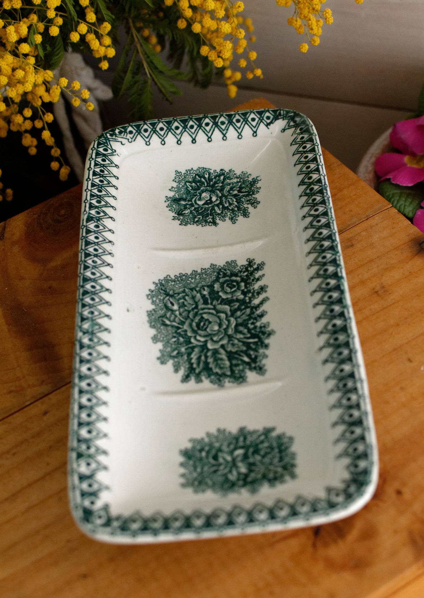 French Antique Collectible Ironstone Teal Transferware Bathroom Pitcher Broc de Toilette Matching Soap Dish Terre de fer en Faience