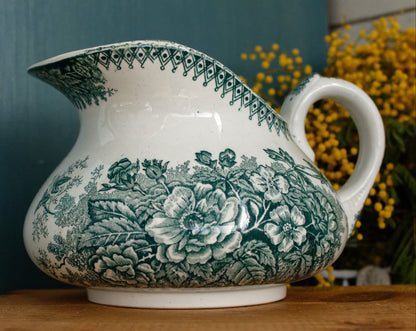 French Antique Collectible Ironstone Teal Transferware Bathroom Pitcher Broc de Toilette Matching Soap Dish Terre de fer en Faience