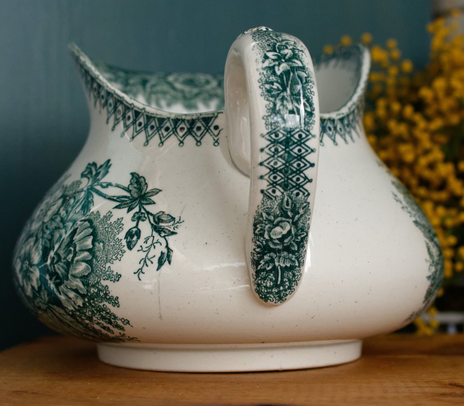 French Antique Collectible Ironstone Teal Transferware Bathroom Pitcher Broc de Toilette Matching Soap Dish Terre de fer en Faience