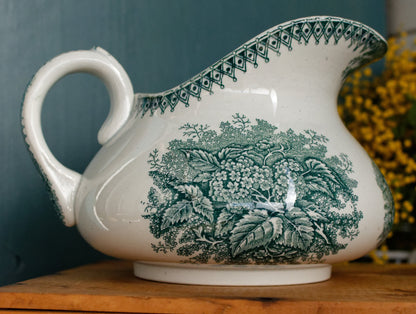 French Antique Collectible Ironstone Teal Transferware Bathroom Pitcher Broc de Toilette Matching Soap Dish Terre de fer en Faience