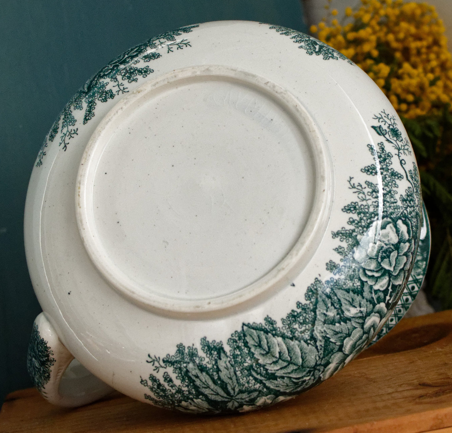 French Antique Collectible Ironstone Teal Transferware Bathroom Pitcher Broc de Toilette Matching Soap Dish Terre de fer en Faience