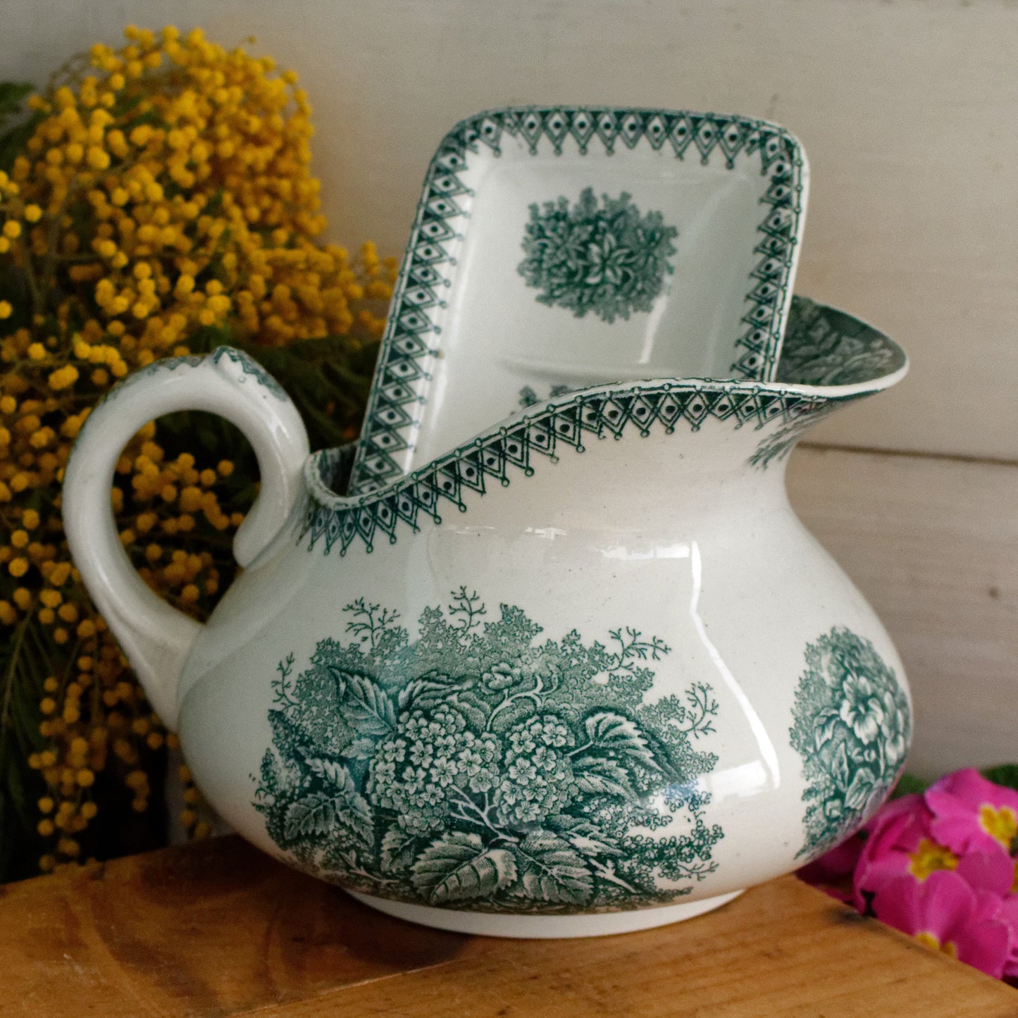 French Antique Collectible Ironstone Teal Transferware Bathroom Pitcher Broc de Toilette Matching Soap Dish Terre de fer en Faience