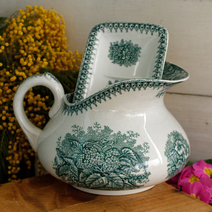 French Antique Collectible Ironstone Teal Transferware Bathroom Pitcher Broc de Toilette Matching Soap Dish Terre de fer en Faience