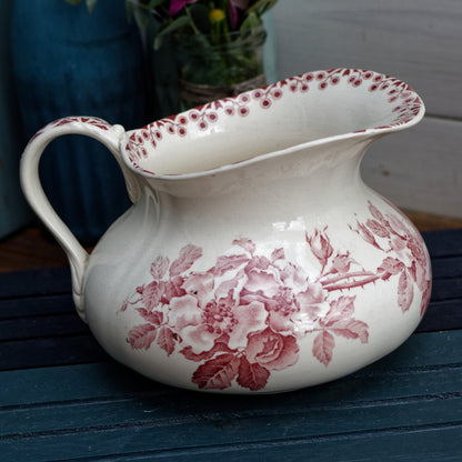 French Antique Collectible Ironstone Red Transferware Bathroom Pitcher BROC Terre de fer