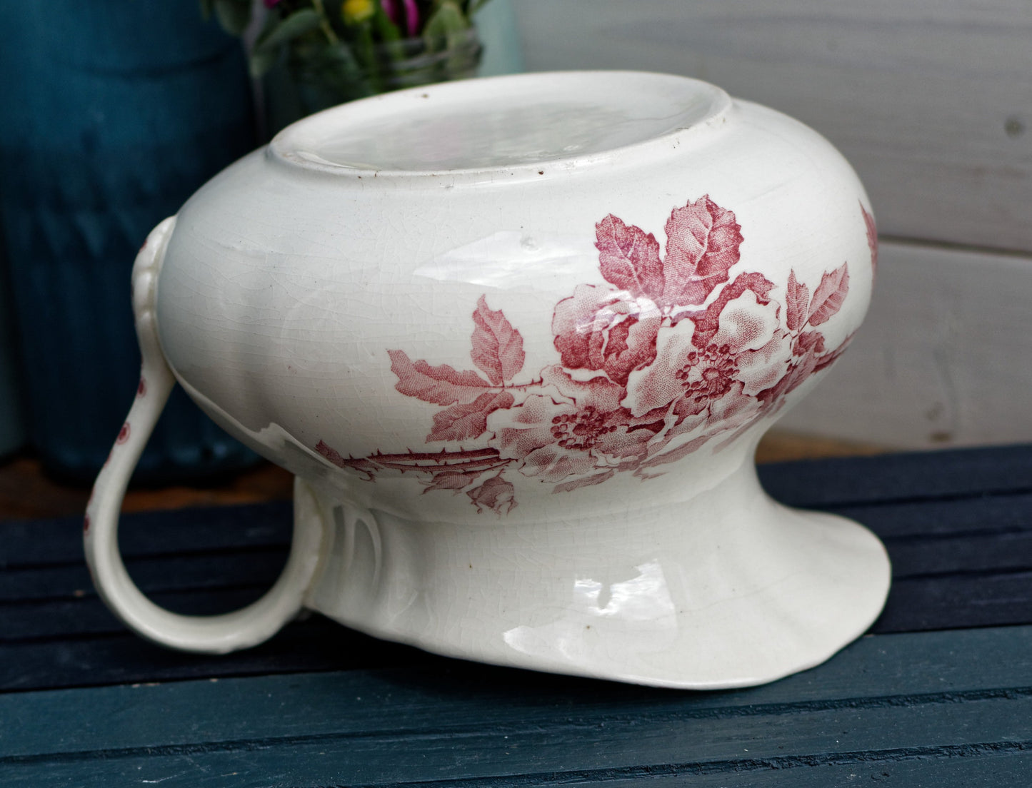 French Antique Collectible Ironstone Red Transferware Bathroom Pitcher BROC Terre de fer