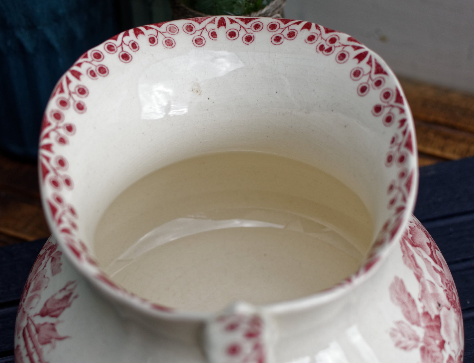 French Antique Collectible Ironstone Red Transferware Bathroom Pitcher BROC Terre de fer