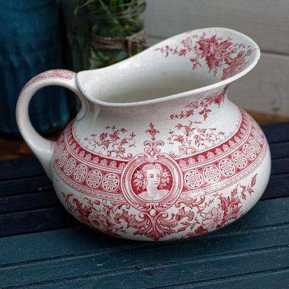 PARISA Sarreguemines U&C French Antique Collectible Ironstone Red Transferware Bathroom Set Pitcher BROC & Basin CUVETTE Terre de fer