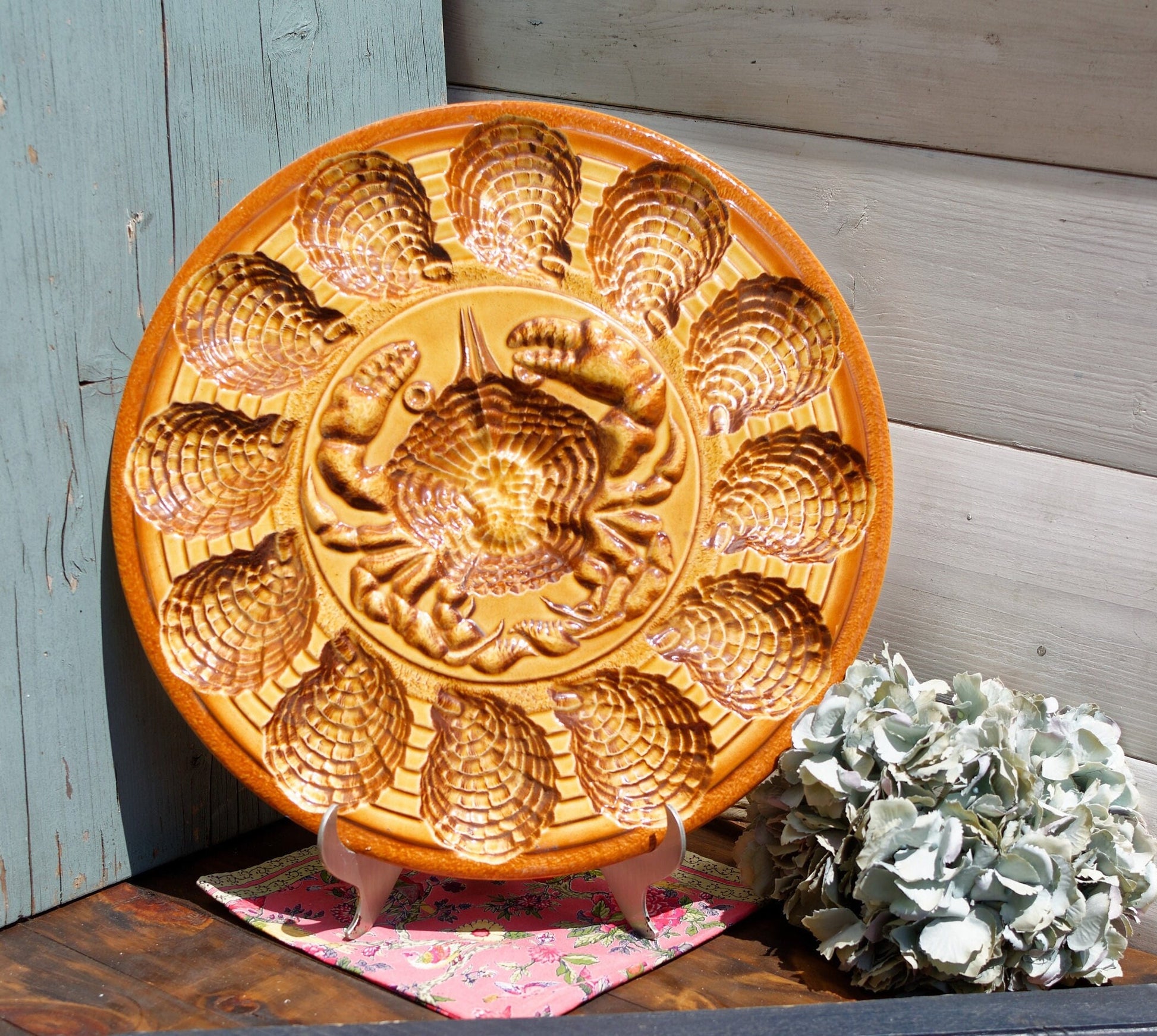 French Barbotine Majolica Style Brown Oyster Huître Plate L'Ateliers d'Art du Revernay France SARREGUEMINES