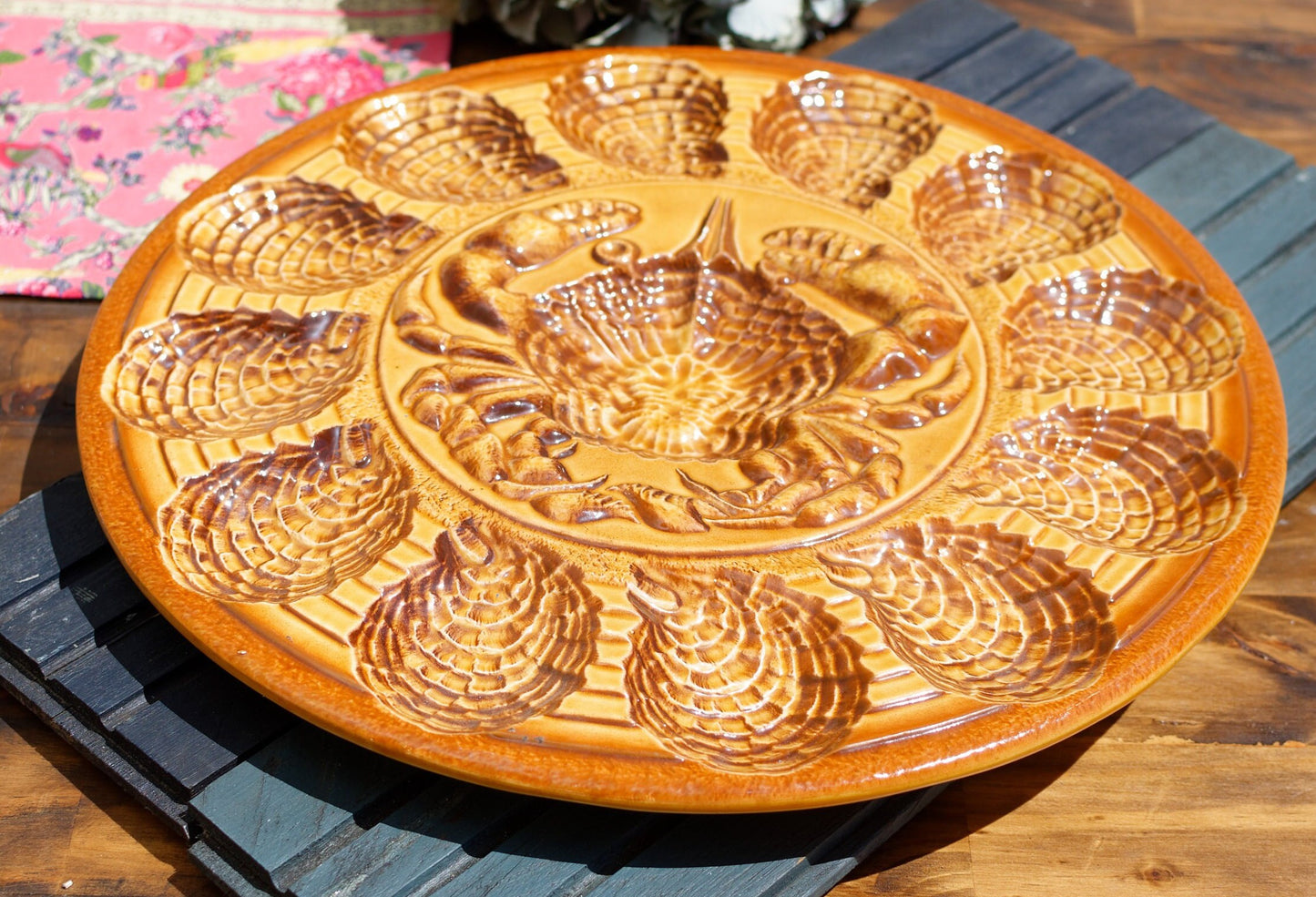 French Barbotine Majolica Style Brown Oyster Huître Plate L'Ateliers d'Art du Revernay France SARREGUEMINES