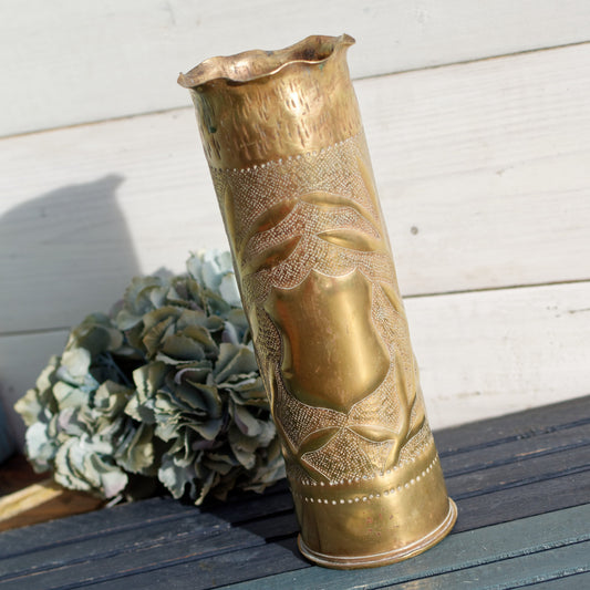 French Antique Collectible Remington Hand Carved Empty Shell Case  "Vase" ~ 1914-18 WWI ~ Large Brass Bullet UMC 75 mm