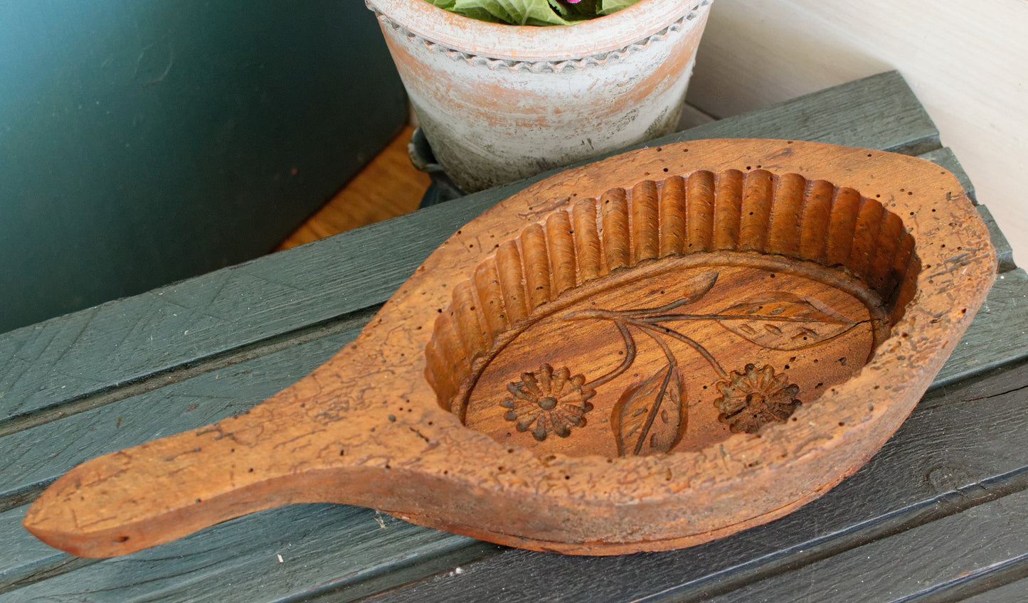 French Antique Wooden Hand-Carved Butter Mold Moule a Beurre en Bois Stamp Press Mould Leave Design