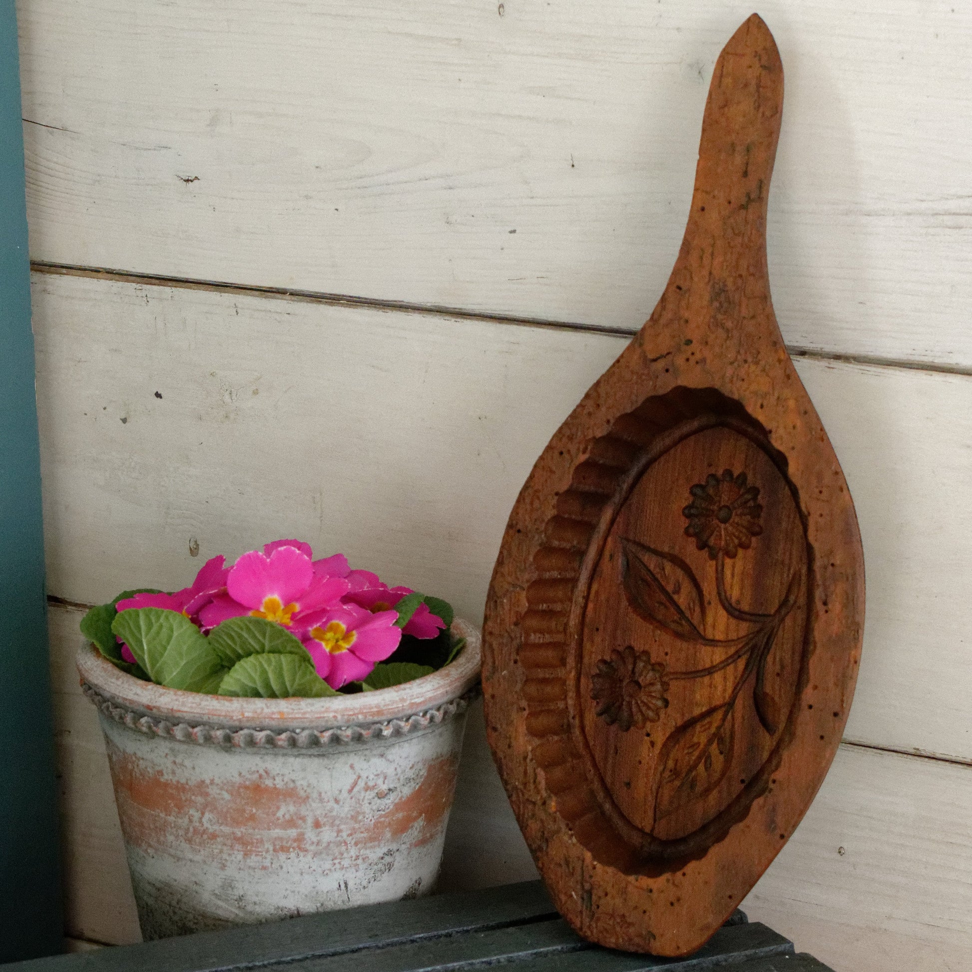 French Antique Wooden Hand-Carved Butter Mold Moule a Beurre en Bois Stamp Press Mould Leave Design