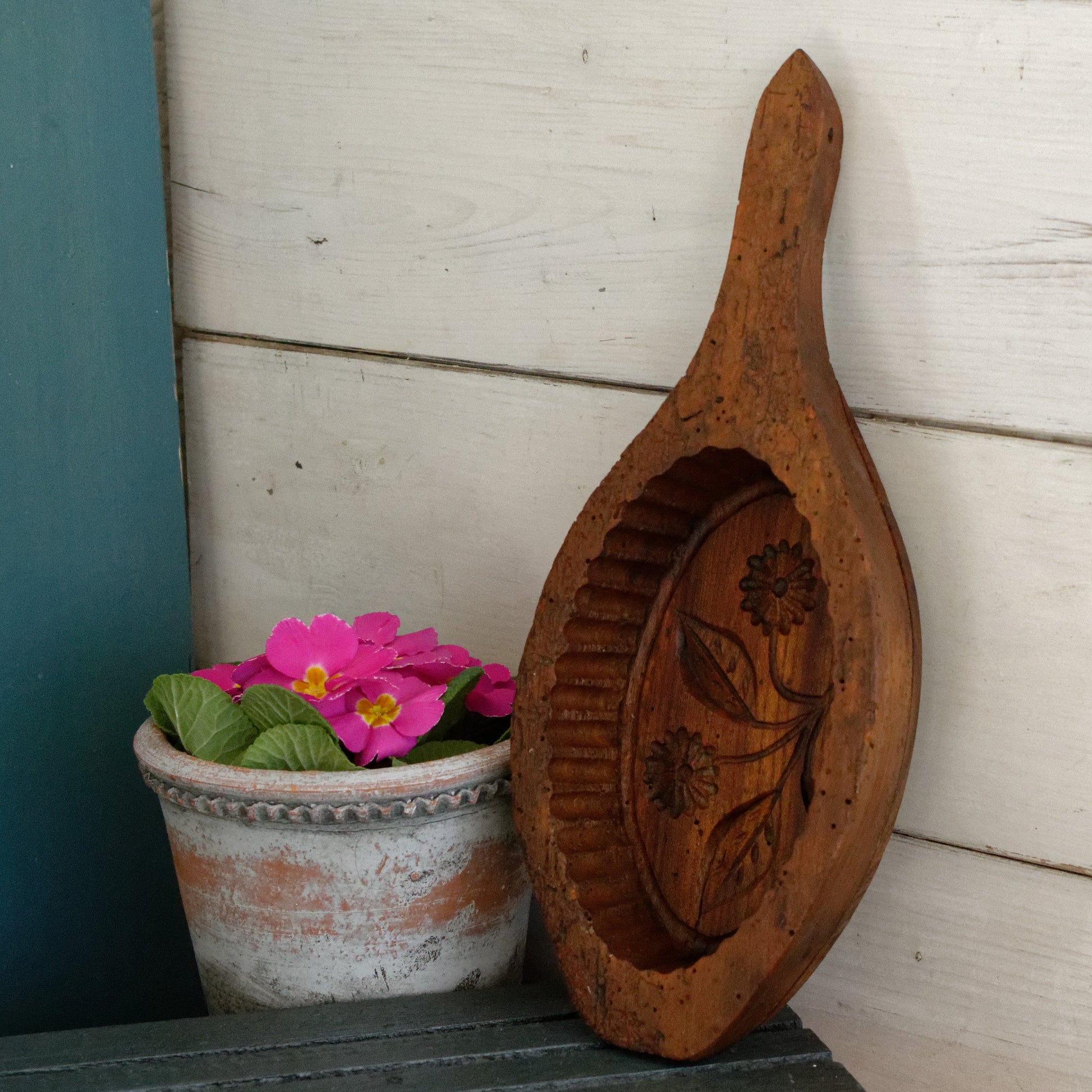 French Antique Wooden Hand-Carved Butter Mold Moule a Beurre en Bois Stamp Press Mould Leave Design