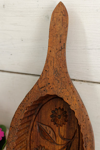 French Antique Wooden Hand-Carved Butter Mold Moule a Beurre en Bois Stamp Press Mould Leave Design