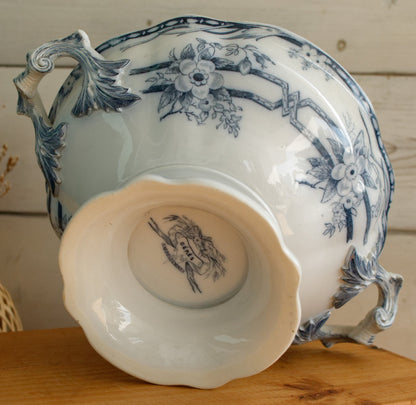 1880s ~ "CERES" Sarreguemines ~ French Antique Ironstone Lavender Transferware Round Serving Pedestal Bowl with Handles "Compotier" ~ Terre de Fer Faience