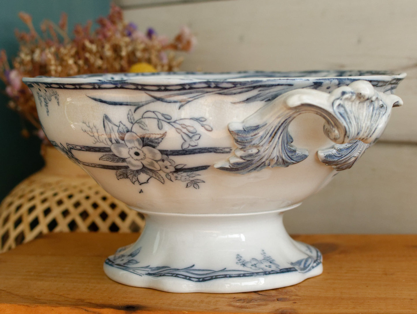 1880s ~ "CERES" Sarreguemines ~ French Antique Ironstone Lavender Transferware Round Serving Pedestal Bowl with Handles "Compotier" ~ Terre de Fer Faience