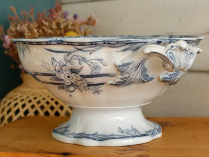 1880s ~ "CERES" Sarreguemines ~ French Antique Ironstone Lavender Transferware Round Serving Pedestal Bowl with Handles "Compotier" ~ Terre de Fer Faience