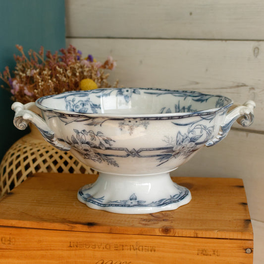 1880s ~ "CERES" Sarreguemines ~ French Antique Ironstone Lavender Transferware Round Serving Pedestal Bowl with Handles "Compotier" ~ Terre de Fer Faience