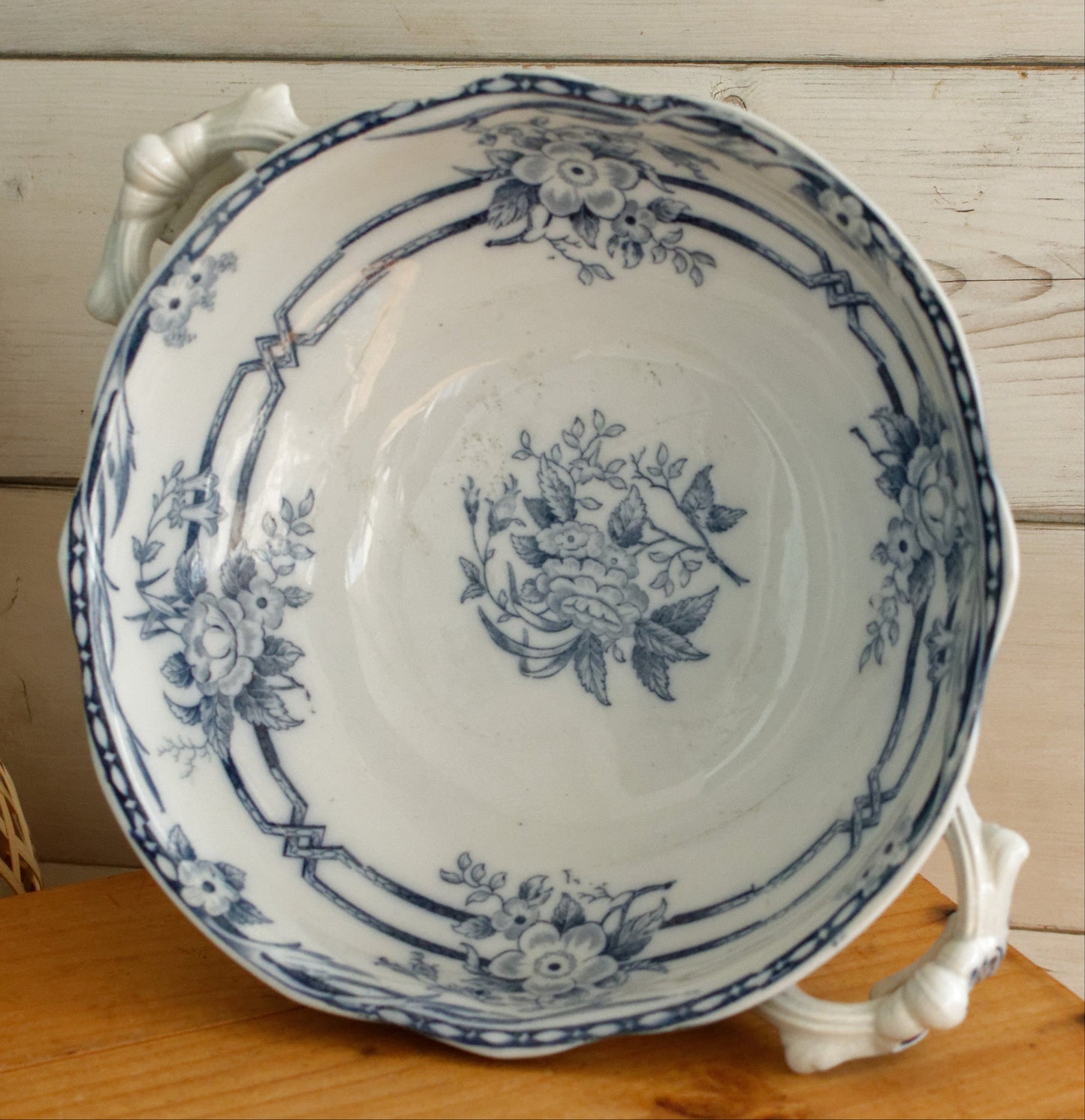 1880s ~ "CERES" Sarreguemines ~ French Antique Ironstone Lavender Transferware Round Serving Pedestal Bowl with Handles "Compotier" ~ Terre de Fer Faience