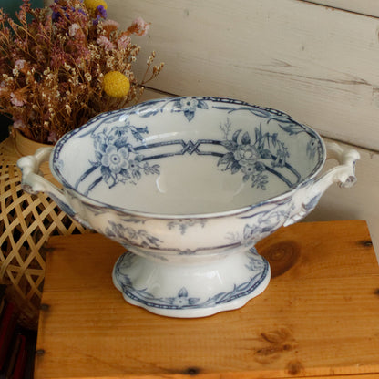 1880s ~ "CERES" Sarreguemines ~ French Antique Ironstone Lavender Transferware Round Serving Pedestal Bowl with Handles "Compotier" ~ Terre de Fer Faience