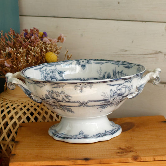 1880s ~ "CERES" Sarreguemines ~ French Antique Ironstone Lavender Transferware Round Serving Pedestal Bowl with Handles "Compotier" ~ Terre de Fer Faience