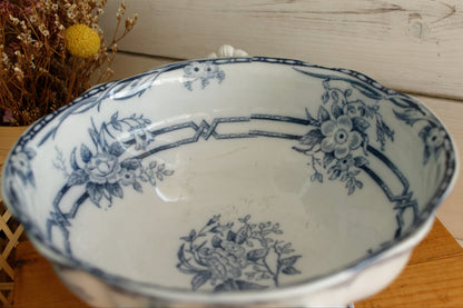 1880s ~ "CERES" Sarreguemines ~ French Antique Ironstone Lavender Transferware Round Serving Pedestal Bowl with Handles "Compotier" ~ Terre de Fer Faience