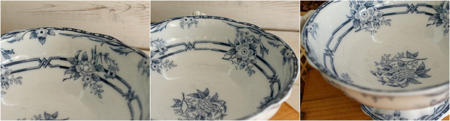 1880s ~ "CERES" Sarreguemines ~ French Antique Ironstone Lavender Transferware Round Serving Pedestal Bowl with Handles "Compotier" ~ Terre de Fer Faience