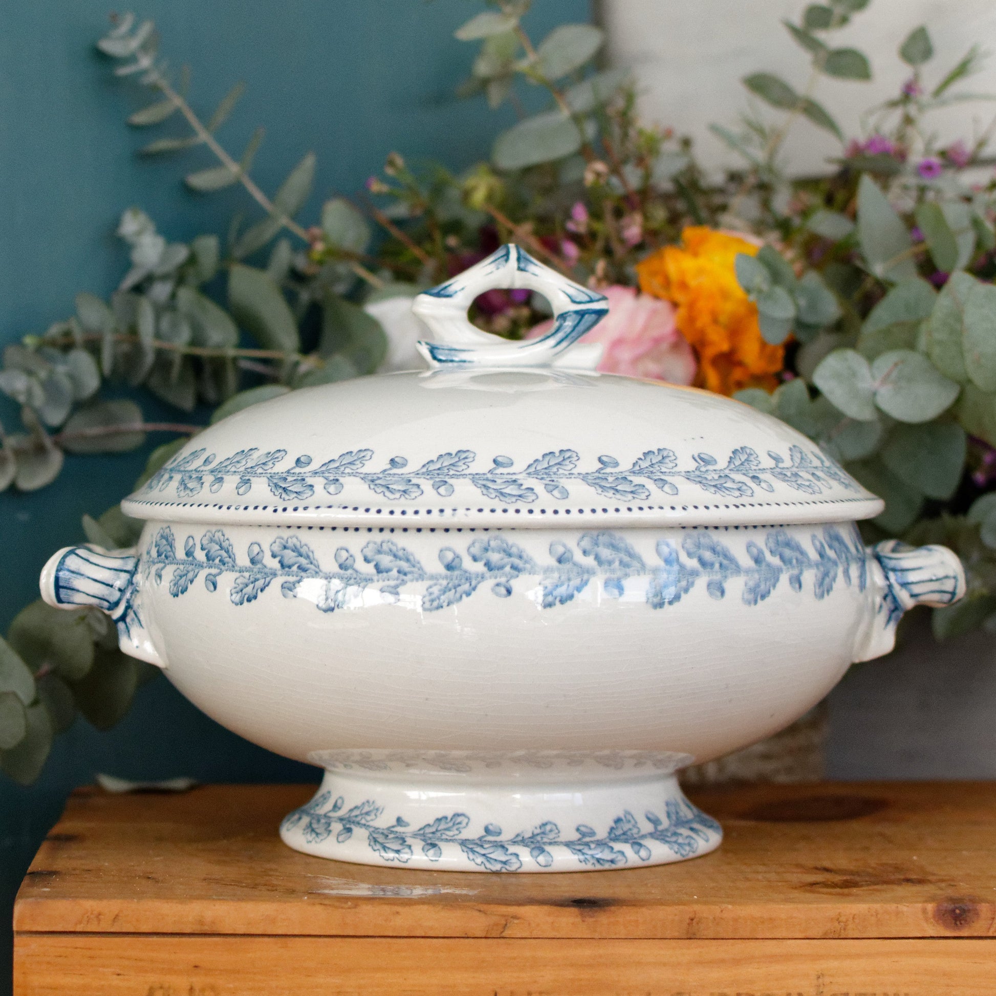 1920s CHENE Motif Sarreguemines U&C French Antique Ironstone Blue Transferware Small Soup Tureen "Soupiere" Terre de Fer en faience