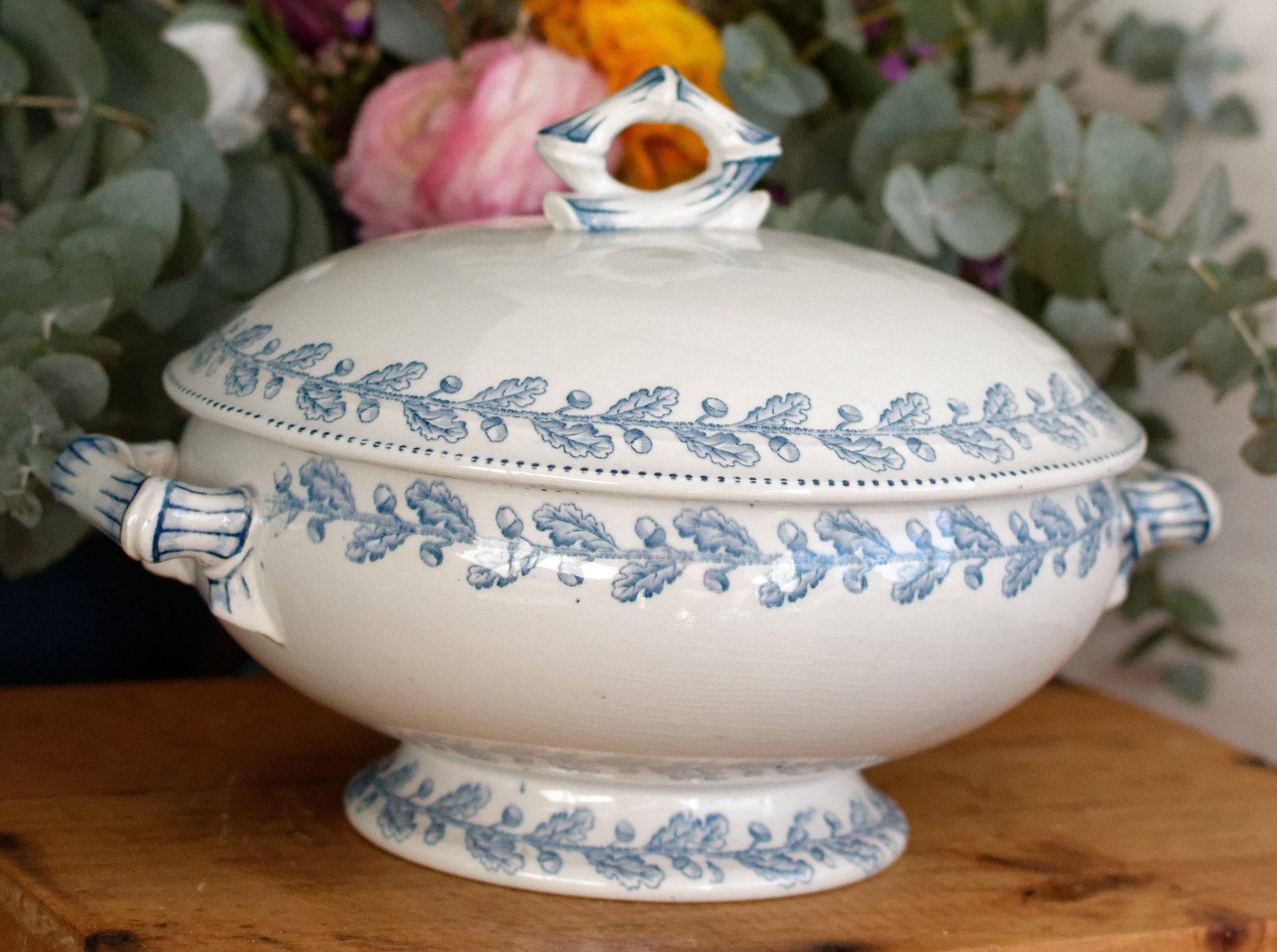 1920s CHENE Motif Sarreguemines U&C French Antique Ironstone Blue Transferware Small Soup Tureen "Soupiere" Terre de Fer en faience
