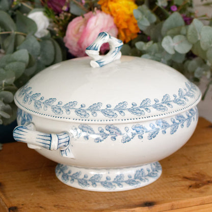 1920s CHENE Motif Sarreguemines U&C French Antique Ironstone Blue Transferware Small Soup Tureen "Soupiere" Terre de Fer en faience