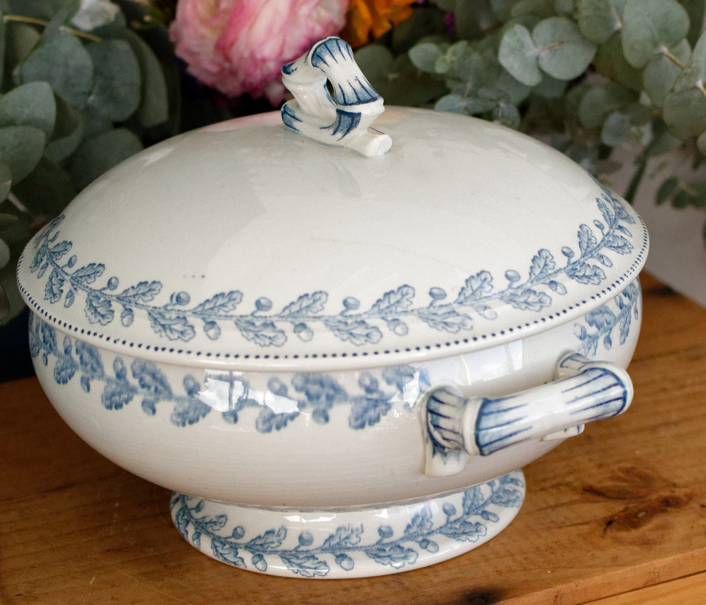 1920s CHENE Motif Sarreguemines U&C French Antique Ironstone Blue Transferware Small Soup Tureen "Soupiere" Terre de Fer en faience