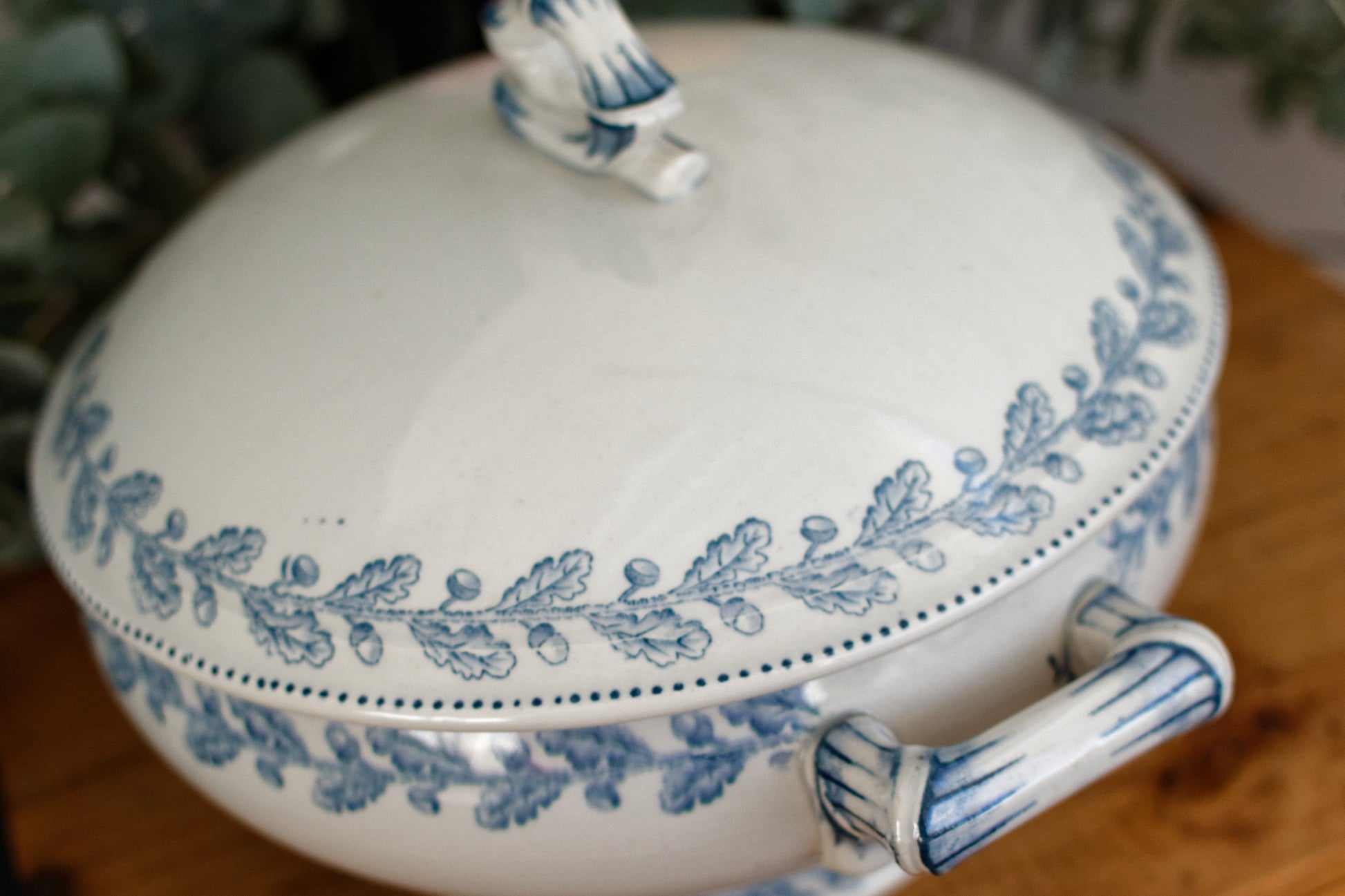 1920s CHENE Motif Sarreguemines U&C French Antique Ironstone Blue Transferware Small Soup Tureen "Soupiere" Terre de Fer en faience