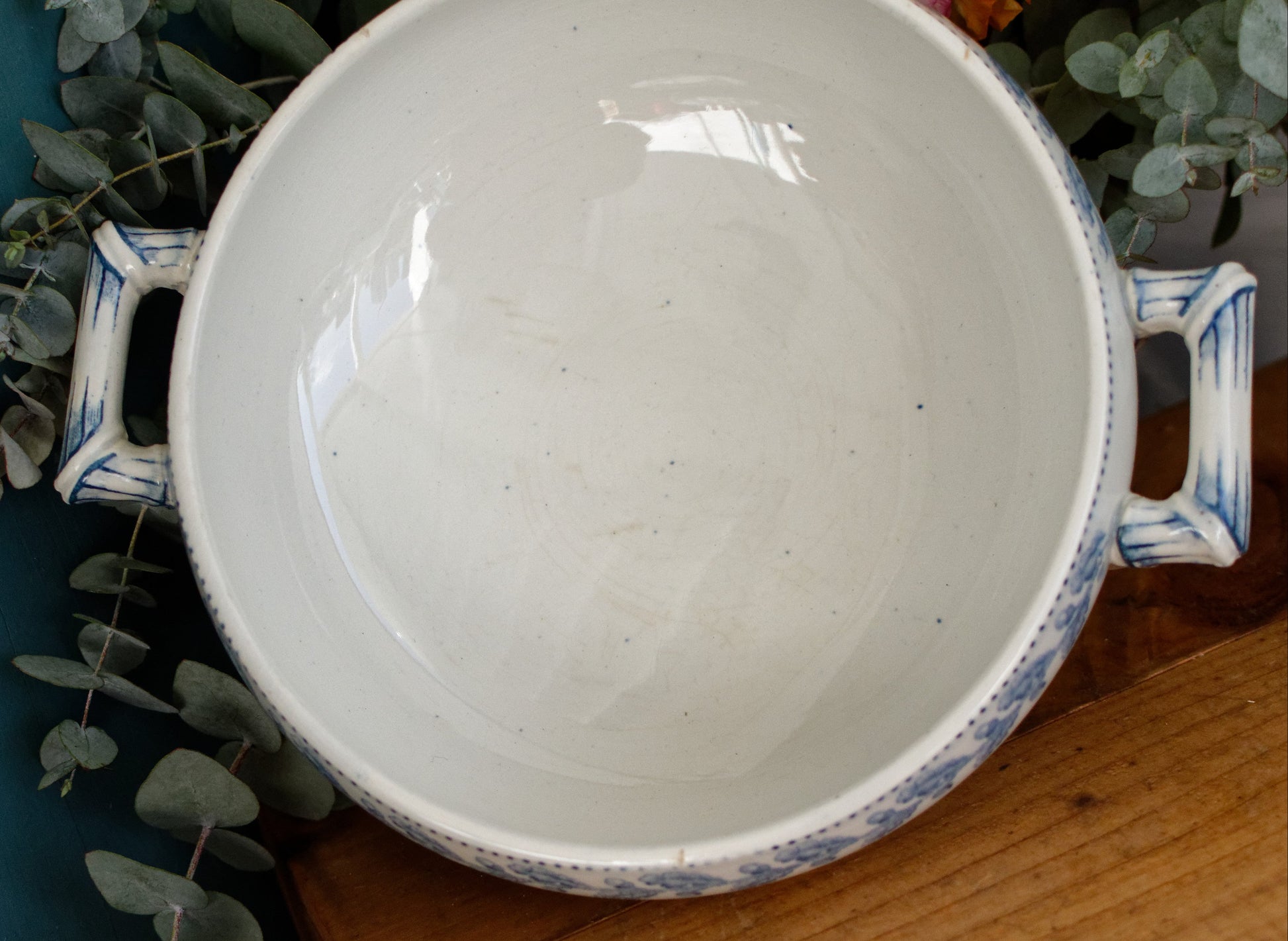 1920s CHENE Motif Sarreguemines U&C French Antique Ironstone Blue Transferware Small Soup Tureen "Soupiere" Terre de Fer en faience