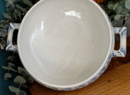 1920s CHENE Motif Sarreguemines U&C French Antique Ironstone Blue Transferware Small Soup Tureen "Soupiere" Terre de Fer en faience