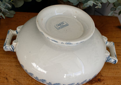 1920s CHENE Motif Sarreguemines U&C French Antique Ironstone Blue Transferware Small Soup Tureen "Soupiere" Terre de Fer en faience