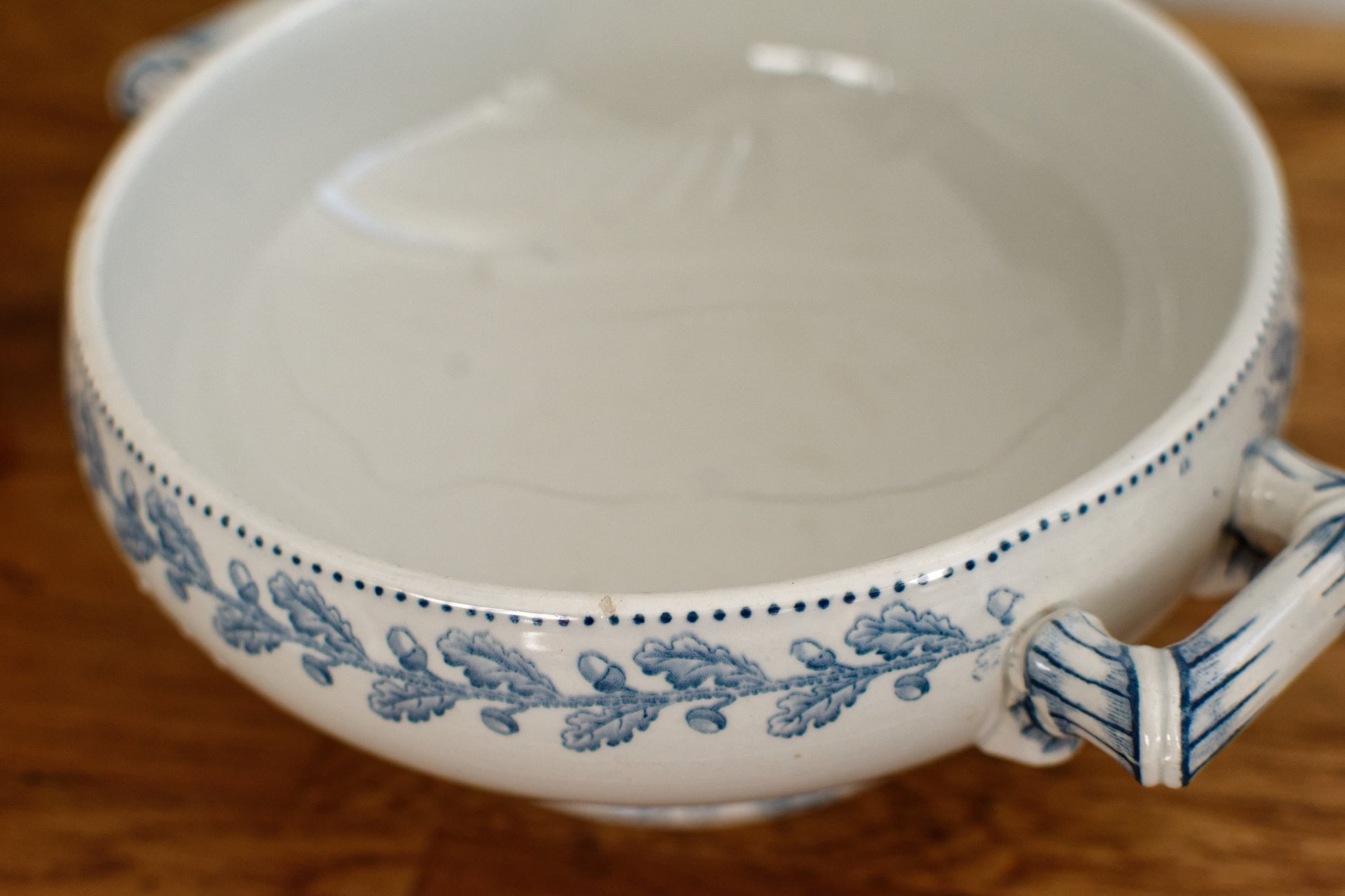 1920s CHENE Motif Sarreguemines U&C French Antique Ironstone Blue Transferware Small Soup Tureen "Soupiere" Terre de Fer en faience